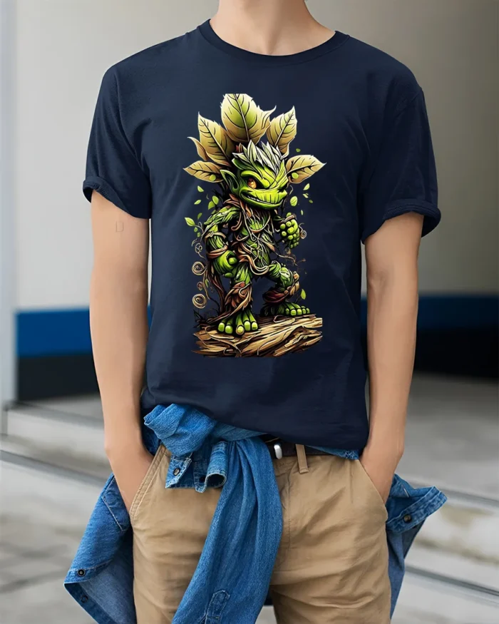 Forest Sprite Cute Plant Creature T-Shirt - model wearing navy shirt, hands in pockets