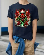 Infernal Skull T-Shirt Red Demon Green Dragon - model wearing navy shirt, hands in pockets