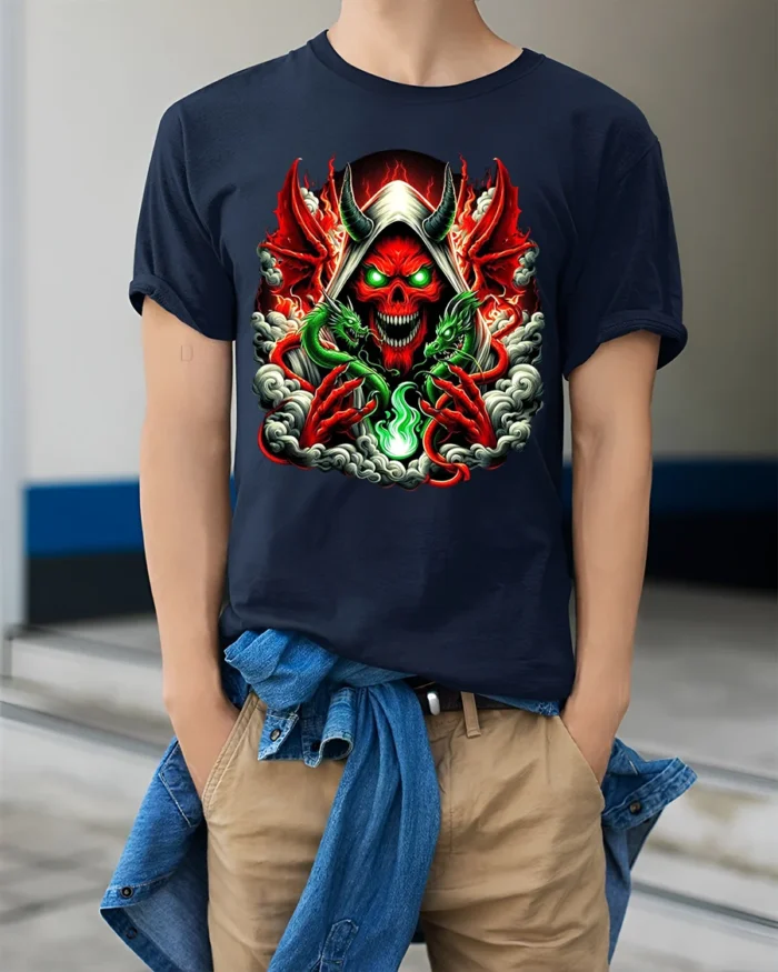 Infernal Skull T-Shirt Red Demon Green Dragon - model wearing navy shirt, hands in pockets