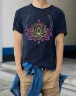 Celestial Lotus T-Shirt Moon Phase Yoga Zen - model wearing navy shirt, hands in pockets
