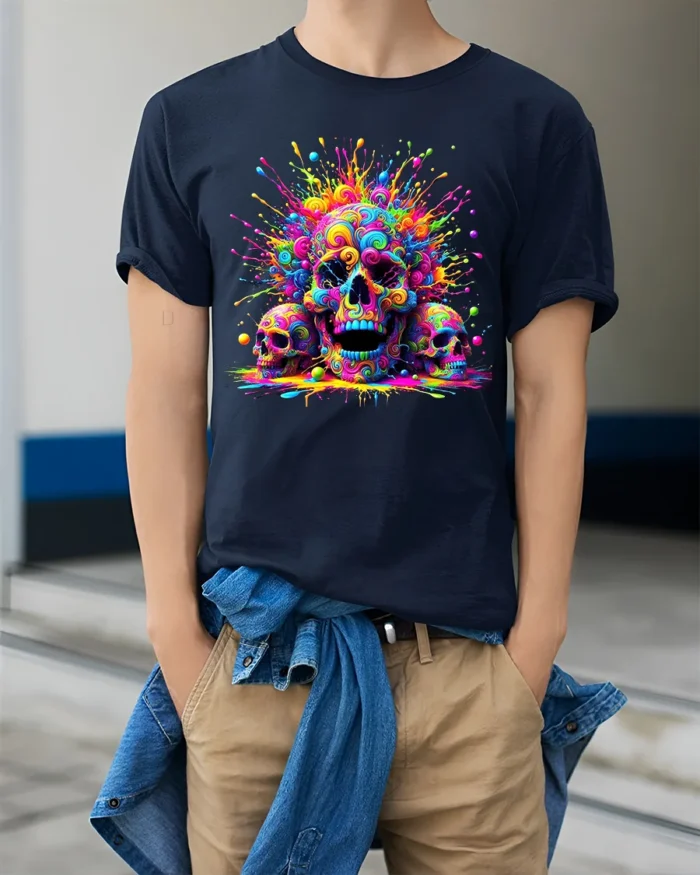 Rainbow Skull T-Shirt Vibrant Splatter Skull - model wearing navy shirt, hands in pockets