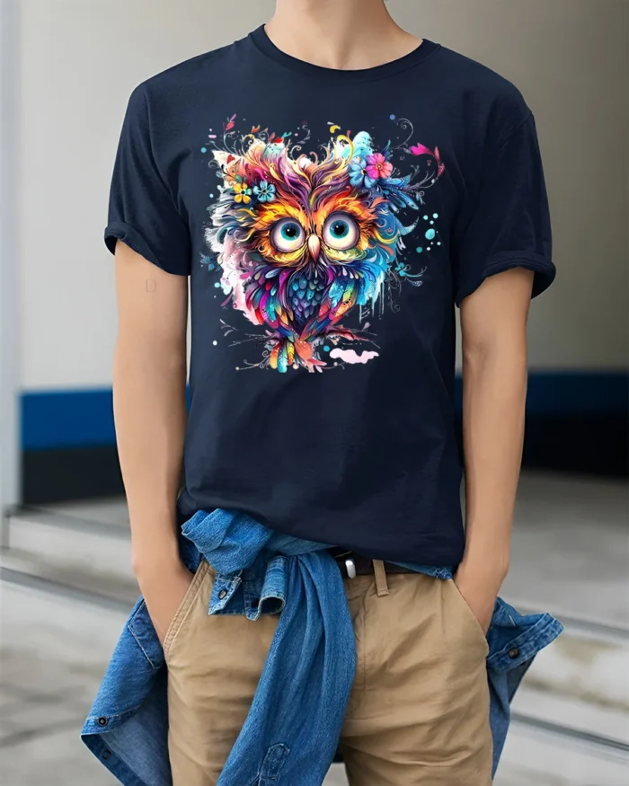 Vibrant Floral Owl Bohemian Style Colorful Bird T-Shirt for Nature Lovers - model wearing navy shirt, hands in pockets