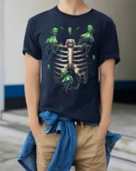 Mystic Skeleton Spirits Chained Glowing Ghosts and Ribcage Graphic Shirt - model wearing navy shirt, hands in pockets