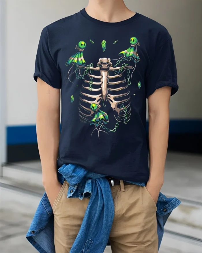 Mystic Skeleton Spirits Chained Glowing Ghosts and Ribcage Graphic Shirt - model wearing navy shirt, hands in pockets