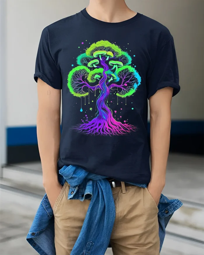 Neon Psychedelic Mushroom Tree Vibrant Trippy Fungi Forest T-Shirt - model wearing navy shirt, hands in pockets