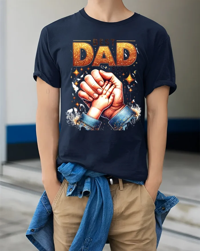 Number One Dad Hand Special Father’s Day T-Shirt for the Best Papa - model wearing navy shirt, hands in pockets