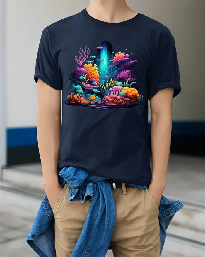 Underwater Paradise Colorful Ocean Scene - model wearing navy shirt, hands in pockets