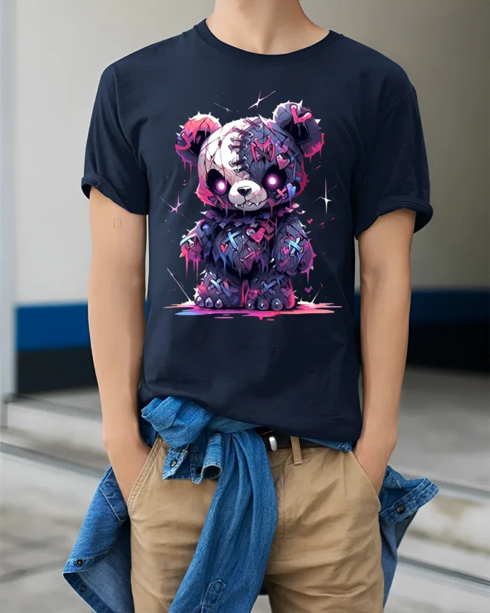 Spooky Cute Bear T-Shirt Creepy Kawaii Teddy Bear Design for Goth Lovers - model wearing navy shirt, hands in pockets