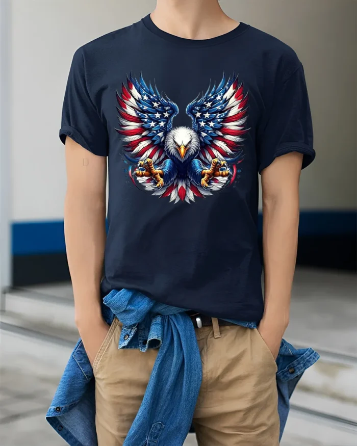 USA Eagle Wings Patriotic American T-Shirt - model wearing navy shirt, hands in pockets