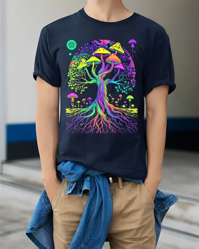 Psychedelic Shroom Tree Colorful Fungi T-Shirt - model wearing navy shirt, hands in pockets