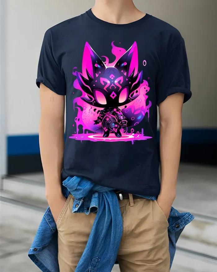 Neon Cat Creature Glowing Fantasy Animal T-Shirt - model wearing navy shirt, hands in pockets