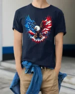 American Eagle Wings Patriotic USA Flag T-Shirt - model wearing navy shirt, hands in pockets