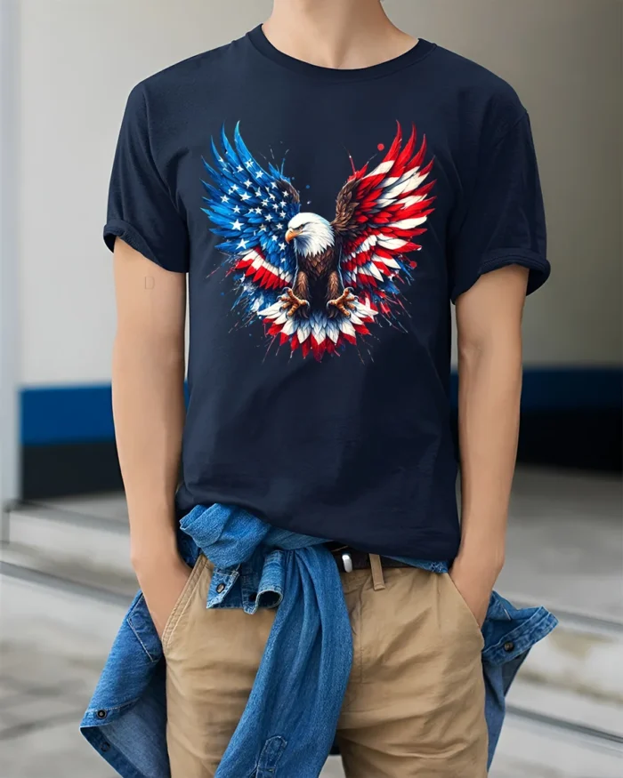 American Eagle Wings Patriotic USA Flag T-Shirt - model wearing navy shirt, hands in pockets