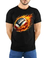 Flaming USA Football Patriotic Game T-Shirt - model wearing black shirt, hands behind back
