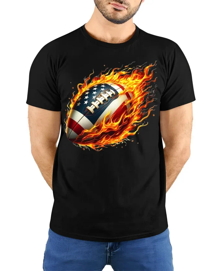 Flaming USA Football Patriotic Game T-Shirt - model wearing black shirt, hands behind back
