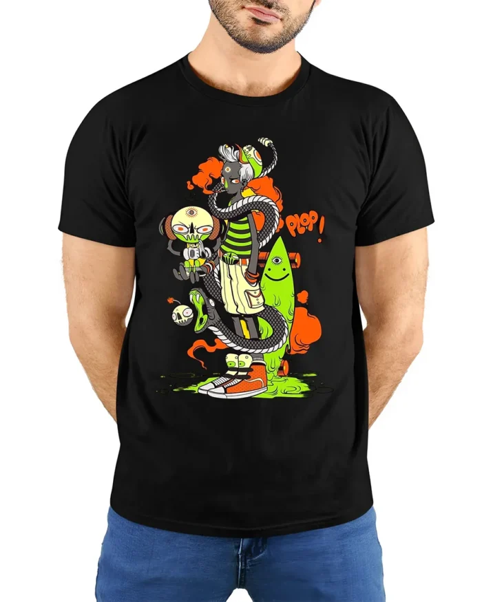 Surreal Monster Stack Funny Cartoon Art T-Shirt - model wearing black shirt, hands behind back