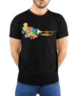 Trumpet Music Colorful Jazz Lover T-Shirt - model wearing black shirt, hands behind back