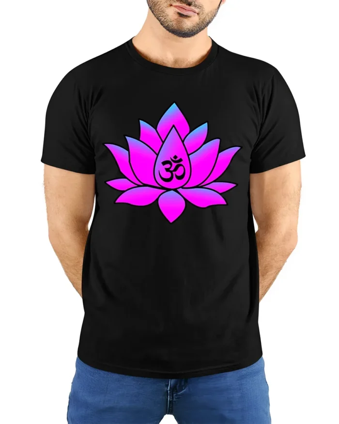 Meditation Lotus T-Shirt Om Symbol Yoga Zen - model wearing black shirt, hands behind back