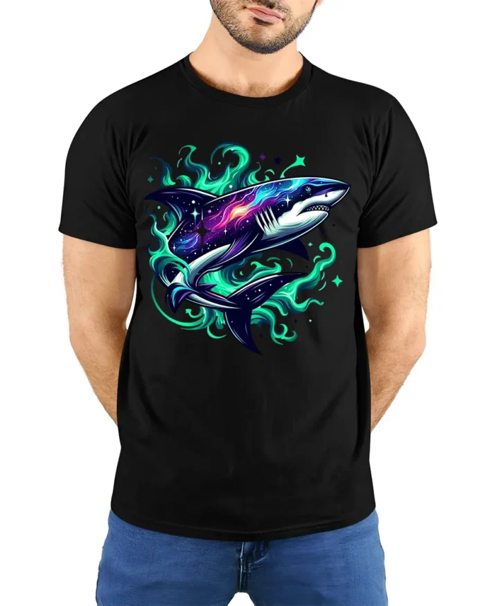 Galaxy Shark Cosmic Space Predator T-Shirt - model wearing black shirt, hands behind back