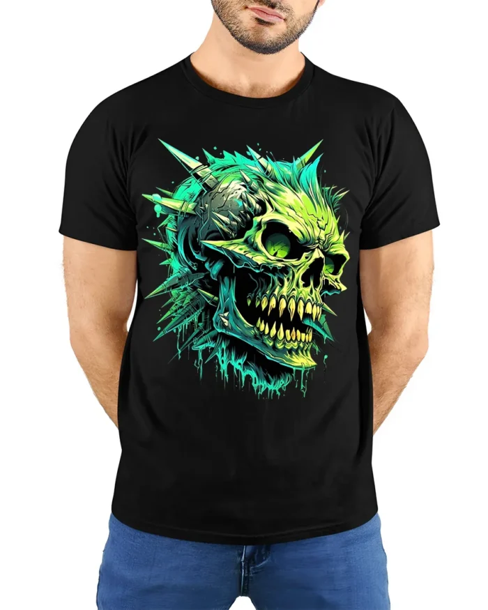 Radioactive Skull T-Shirt Edgy Green Skull - model wearing black shirt, hands behind back