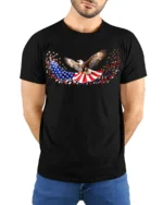 American Eagle T-Shirt Stars and Stripes - model wearing black shirt, hands behind back