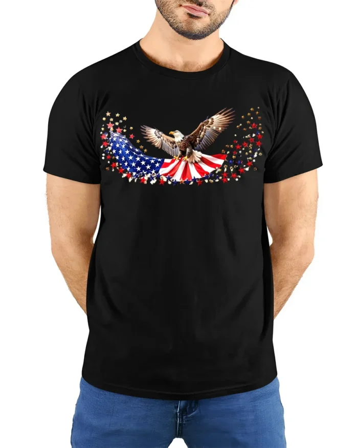 American Eagle T-Shirt Stars and Stripes - model wearing black shirt, hands behind back