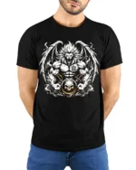 Warrior Lion T-Shirt Muscular Lion Skull Design - model wearing black shirt, hands behind back