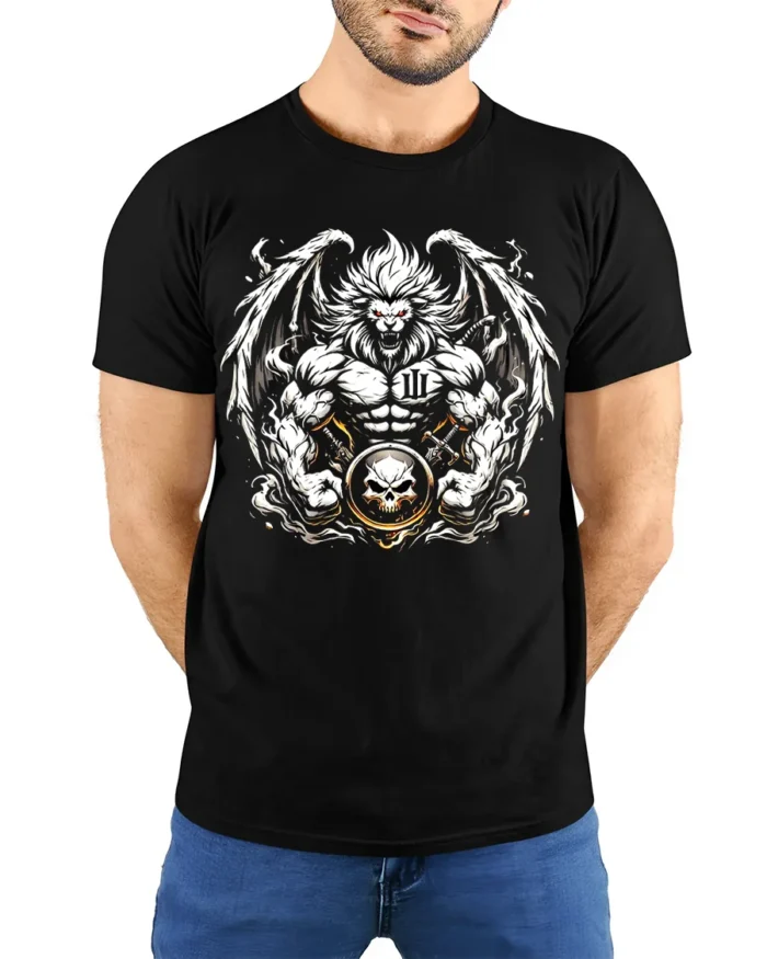 Warrior Lion T-Shirt Muscular Lion Skull Design - model wearing black shirt, hands behind back