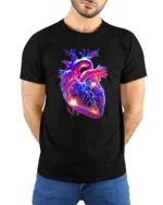 Neon Heart Vibrant Anatomical Love T-Shirt - model wearing black shirt, hands behind back