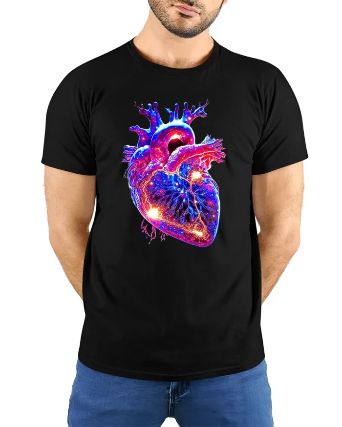 Neon Heart Vibrant Anatomical Love T-Shirt - model wearing black shirt, hands behind back