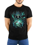 Necromancer Eerie Green Skull Sorcerer - model wearing black shirt, hands behind back