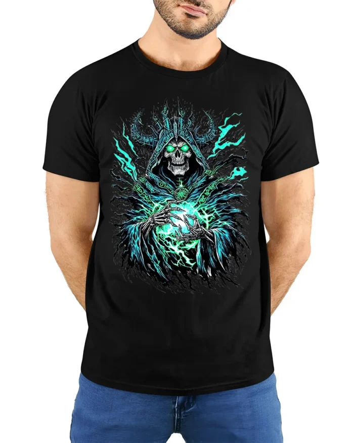 Necromancer Eerie Green Skull Sorcerer - model wearing black shirt, hands behind back