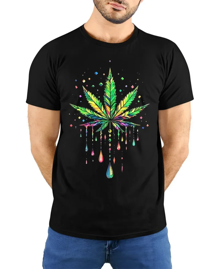 Psychedelic Leaf Colorful Marijuana T-Shirt - model wearing black shirt, hands behind back