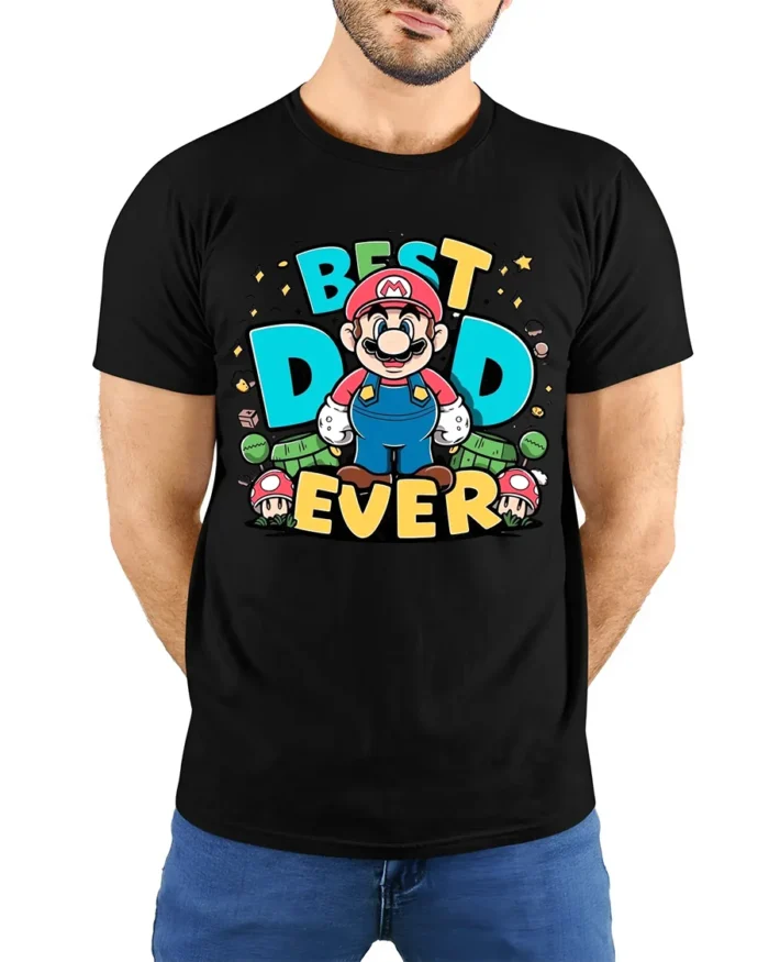 Retro Dad Gamer Best Dad Ever Mario Now - model wearing black shirt, hands behind back