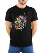 Rainbow Music Colorful Treble Clef Shirt - model wearing black shirt, hands behind back