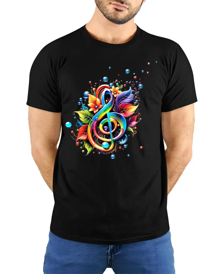 Rainbow Music Colorful Treble Clef Shirt - model wearing black shirt, hands behind back