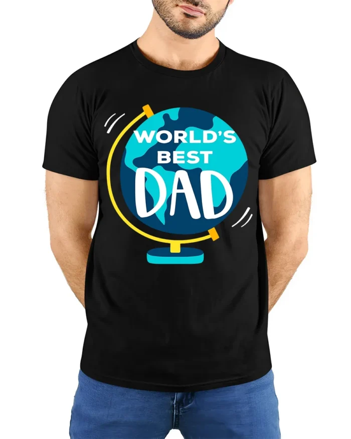 World’s Best Dad Father’s Day Globe T-Shirt - model wearing black shirt, hands behind back