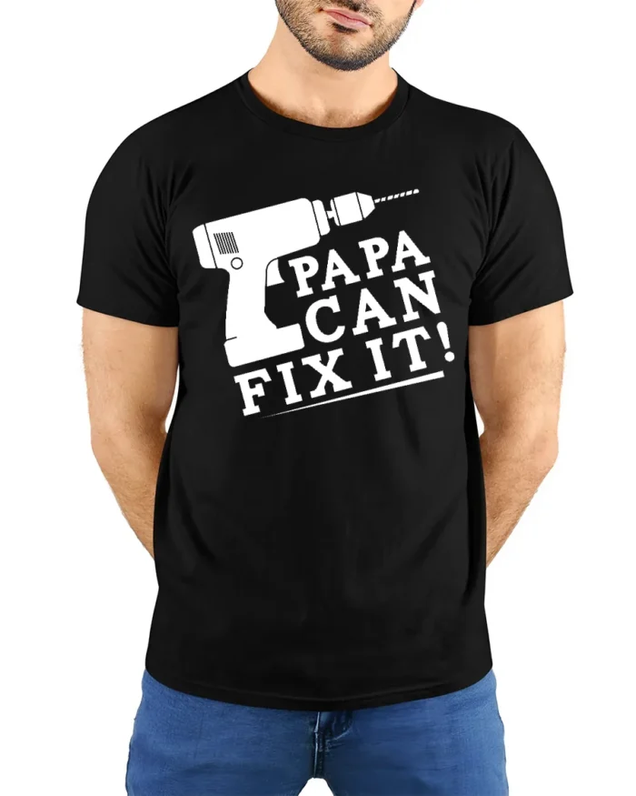 Papa Fix It Funny Dad Repair T-Shirt Gift - model wearing black shirt, hands behind back