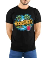 Hornesbuger Beach Tropical Vacation T-Shirt - model wearing black shirt, hands behind back