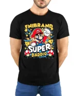 Video Game Dad T-Shirt Super Daddio Mario - model wearing black shirt, hands behind back