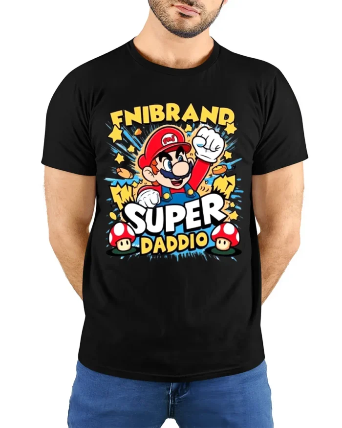 Video Game Dad T-Shirt Super Daddio Mario - model wearing black shirt, hands behind back