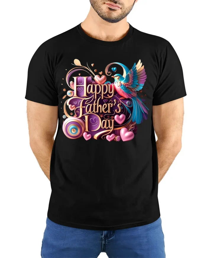 Love Dad T-Shirt Father’s Day Bird Heart - model wearing black shirt, hands behind back