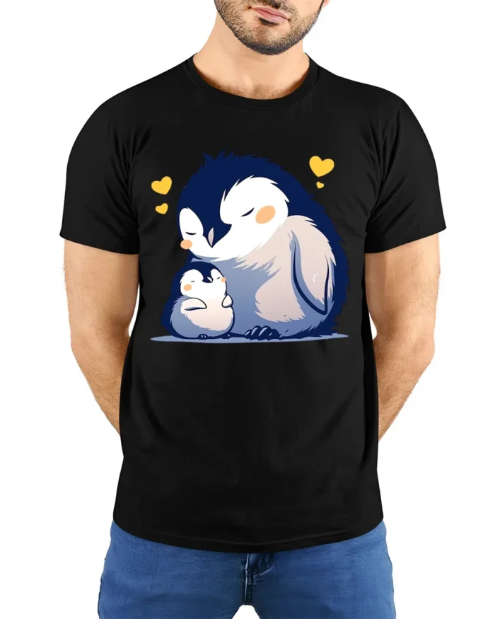 Loving Penguin T-Shirt Heartfelt Family - model wearing black shirt, hands behind back