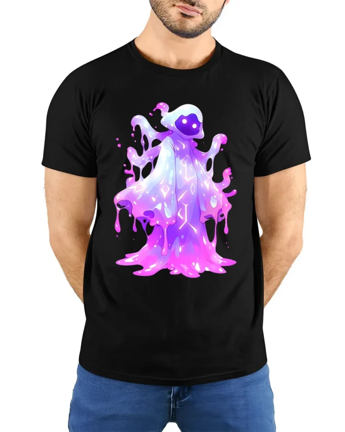 Glow Slime Cool Purple Creature T-Shirt - model wearing black shirt, hands behind back