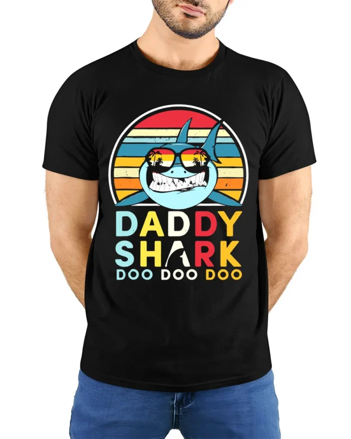 Daddy Shark Doo Fun Father Shark Shirt Now - model wearing black shirt, hands behind back