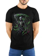 Toxic Death T-Shirt Radioactive Grim Reaper - model wearing black shirt, hands behind back