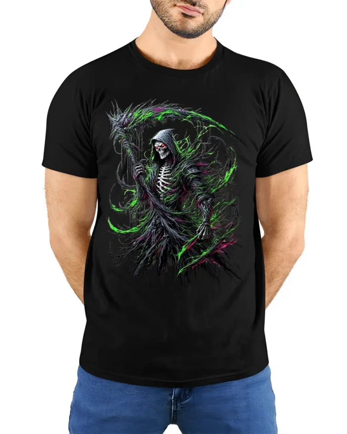 Toxic Death T-Shirt Radioactive Grim Reaper - model wearing black shirt, hands behind back