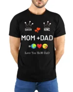 Queen King Mom Dad Family Love T-Shirt Gift - model wearing black shirt, hands behind back