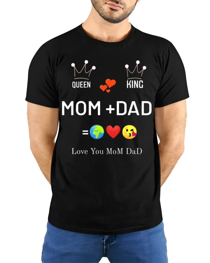 Queen King Mom Dad Family Love T-Shirt Gift - model wearing black shirt, hands behind back
