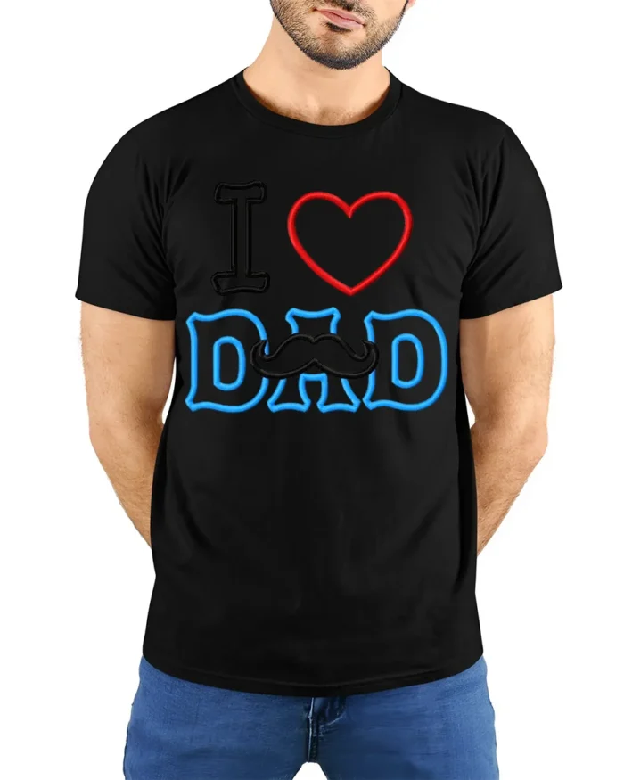 I Love Dad Mustache Funny Father’s Day Shirt - model wearing black shirt, hands behind back